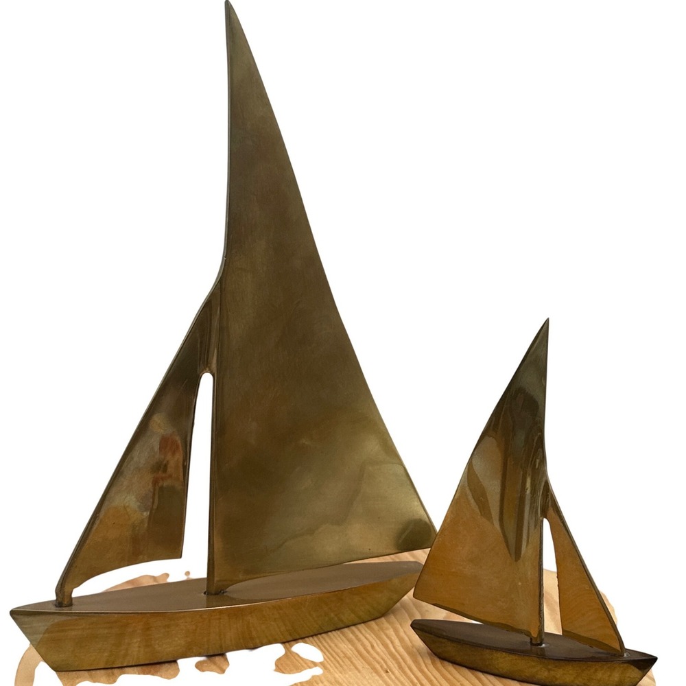Pair Vintage Decorative Solid Brass Sail Boat Sculpture India Nautical coastal